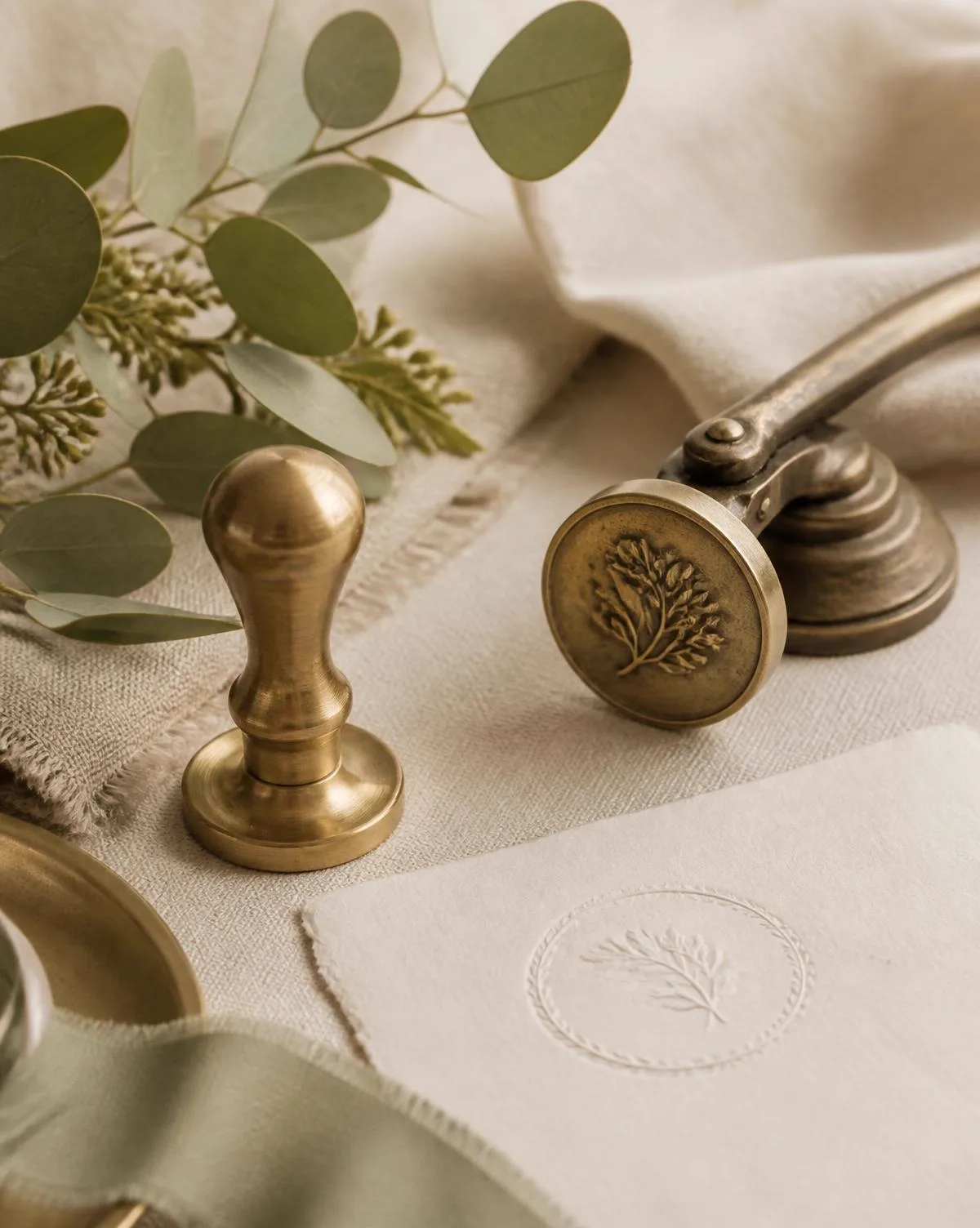 A brass notary stamp and seal resting on ivory linen