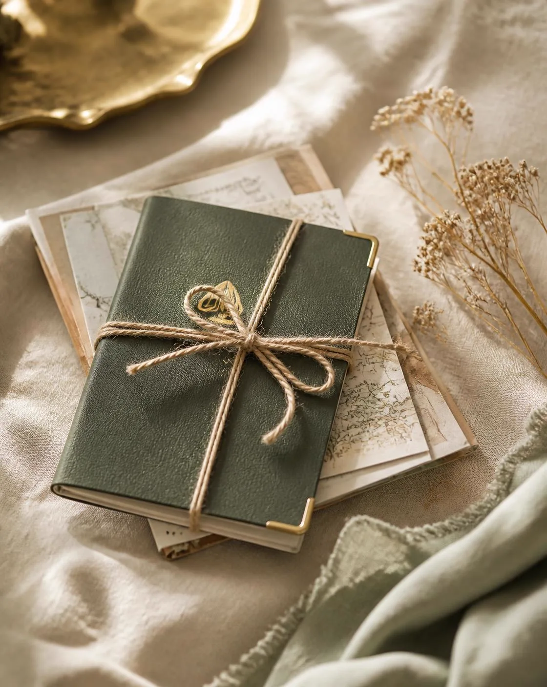 A passport bundled with folded documents on ivory linen