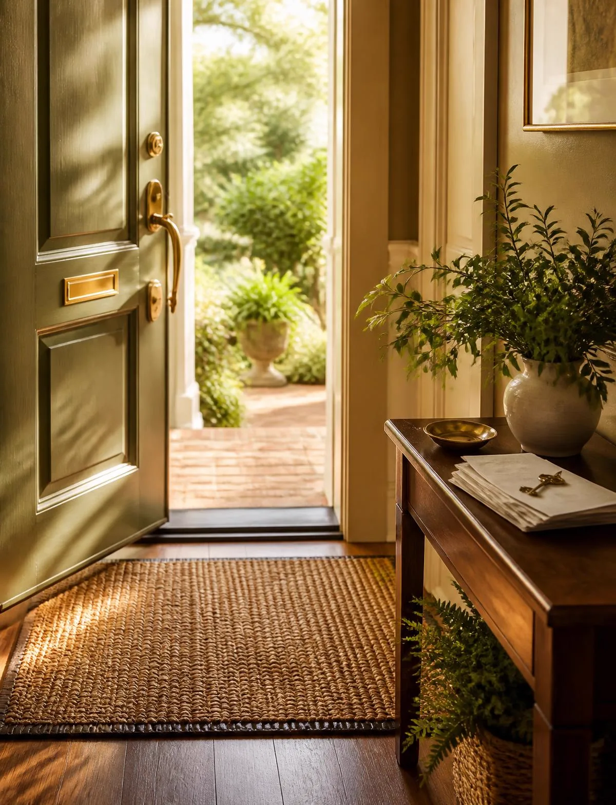 An open front door with a woven welcome mat and warm sunlight