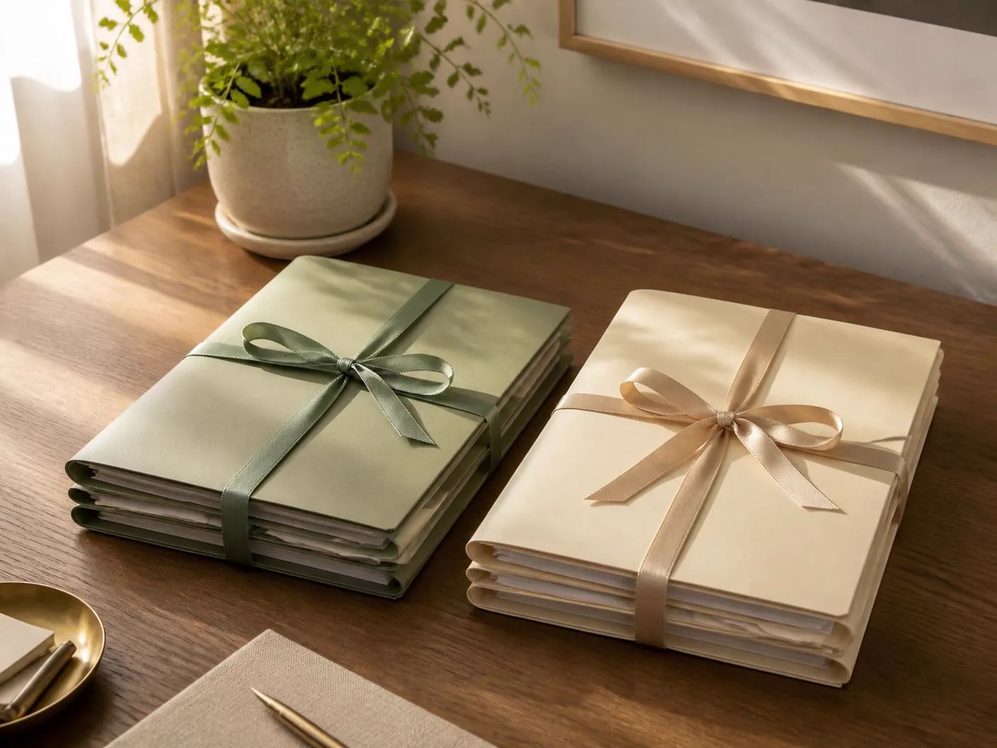 Two ribbon tied document folders side by side on a wooden desk