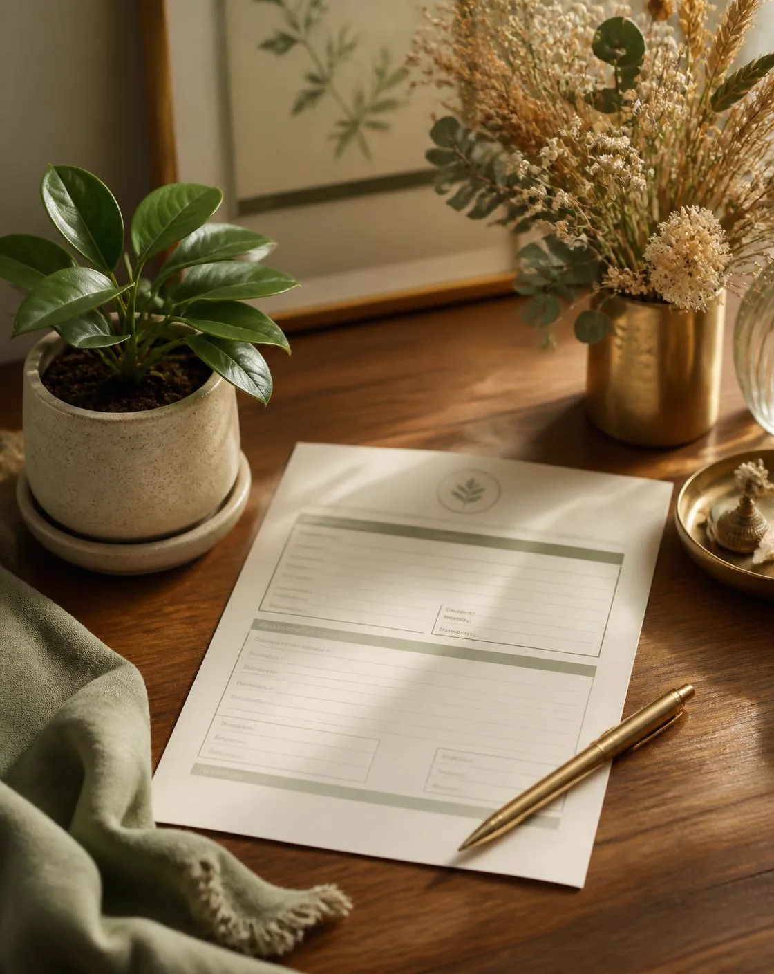 A completed application form beside a small plant and brass pen